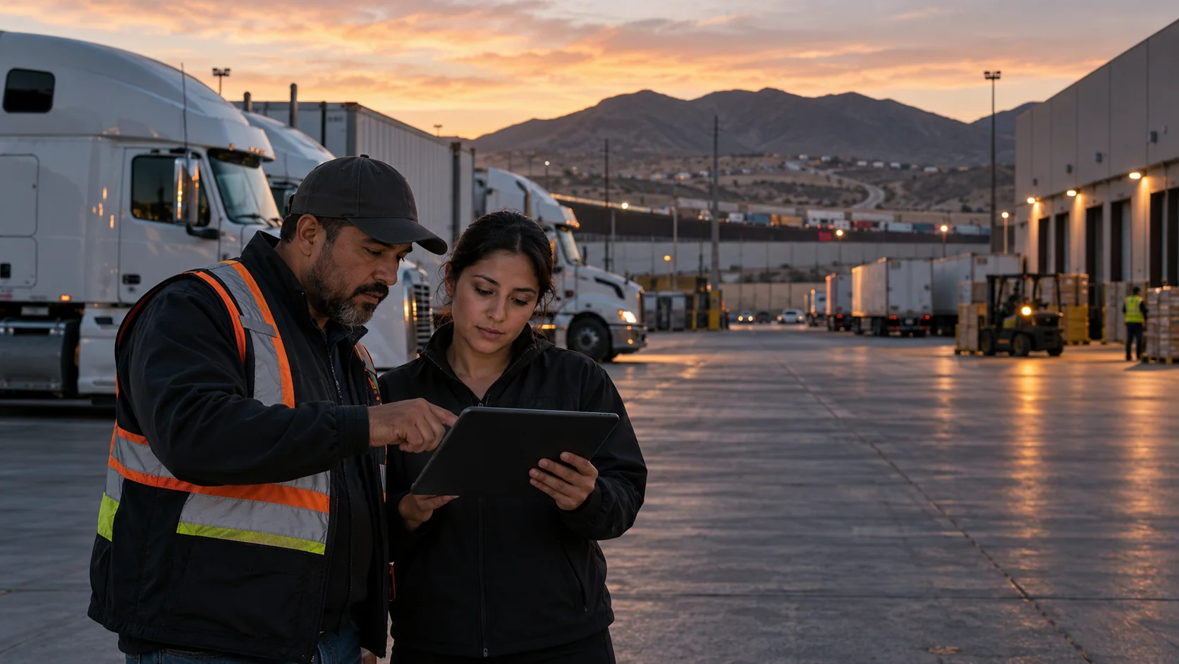 Equipo de logística revisando rutas junto a una flota de transporte