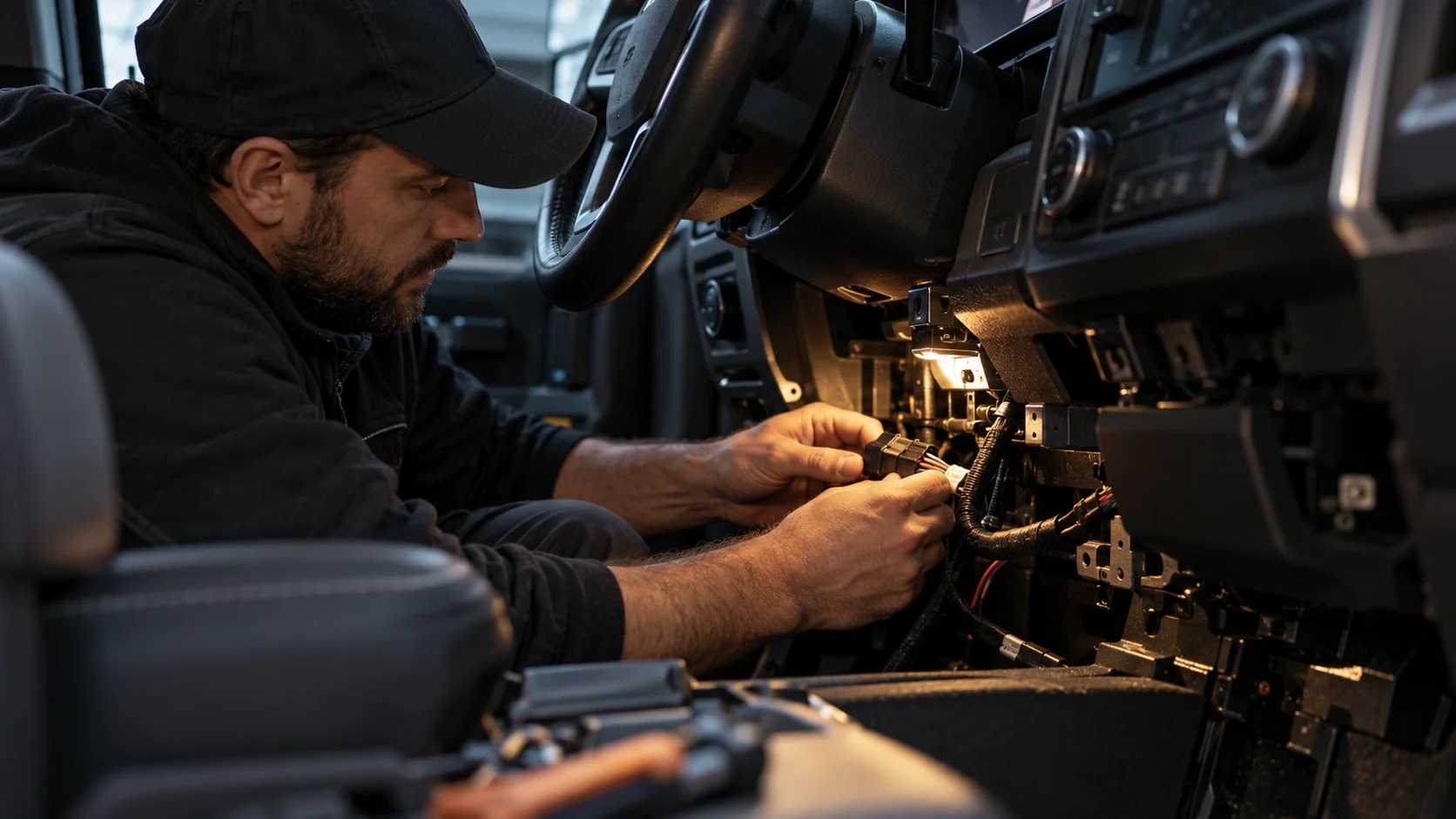 Técnico conectando un arnés dentro de un camión estacionado